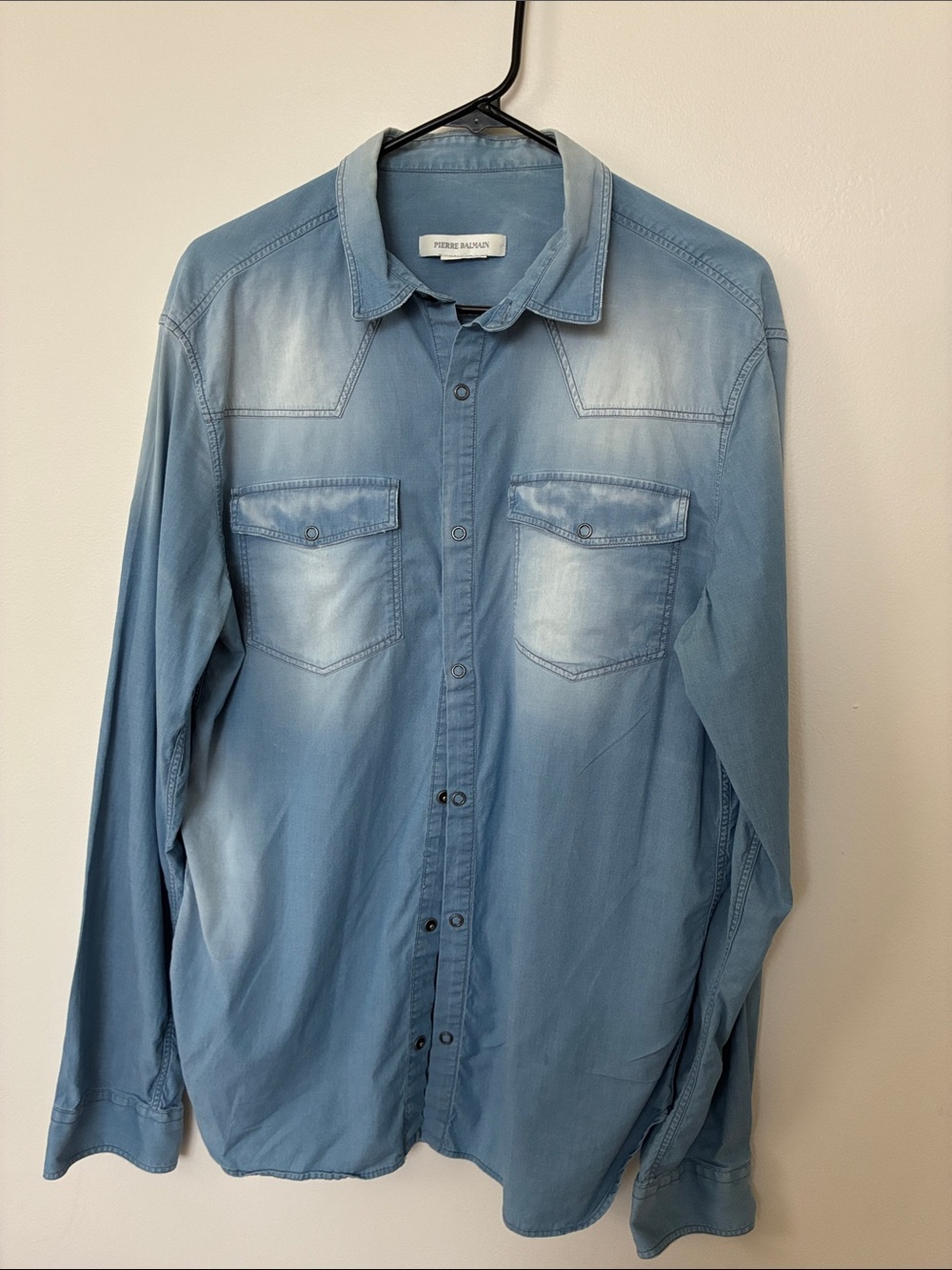 Pierre Balmain Men’s Light Blue Denim Chambray Snap Shirt Size 38/52